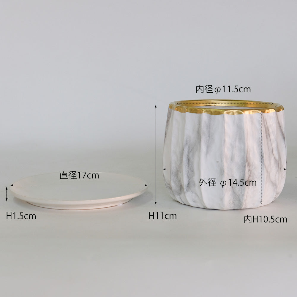 植木鉢 かわいい リベロL 受皿付 陶器鉢径14.5cm 高11cm 大理石調 ゴールド 高級感 クラシカル