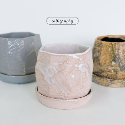 植木鉢 おしゃれ  カリグラフィ11 受皿付 ミニ鉢 ユニークフォルム多面形 径11cm 高11cm 底穴あり