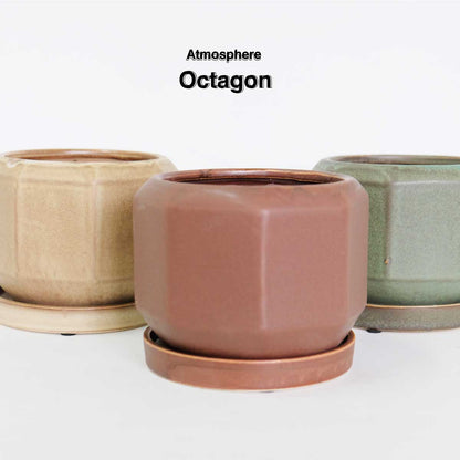 Atmosphere Octagon 受皿付き 底穴有り 八角形 縁起物 シンプル 植木鉢 おしゃれ 幅13cm 奥行13cm 高10.5cm グリーン セピア モカ ３カラー トロンコ tronc