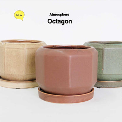 Atmosphere Octagon 受皿付き 底穴有り 八角形 縁起物 シンプル 植木鉢 おしゃれ 幅13cm 奥行13cm 高10.5cm グリーン セピア モカ ３カラー トロンコ tronc