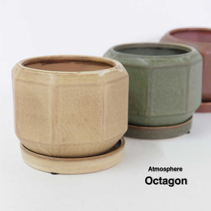 Atmosphere Octagon 受皿付き 底穴有り 八角形 縁起物 シンプル 植木鉢 おしゃれ 幅13cm 奥行13cm 高10.5cm グリーン セピア モカ ３カラー トロンコ tronc