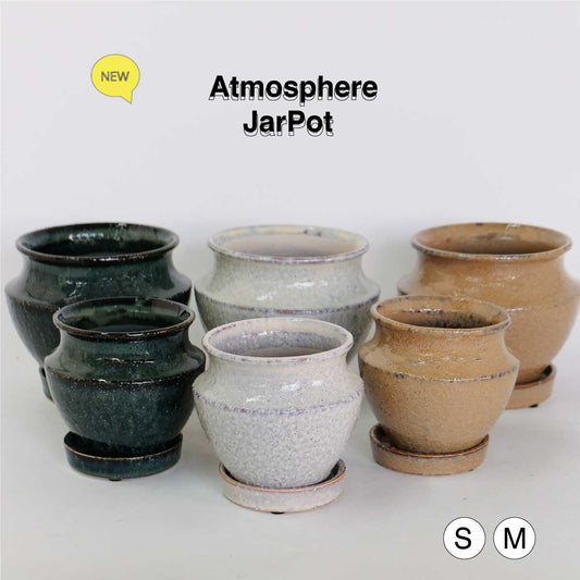 Atmosphere JarPot 【S/M】受皿付き 底穴有り 壺型 シンプル 植木鉢 おしゃれ S径φ12cm 高11cm M径φ16cm 高13cm　ホワイト ターコイズ ブラウン ３カラー