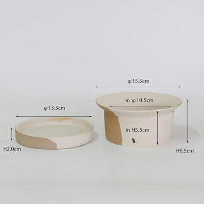 FIKA POT フィーカポット 浅鉢 植木鉢 受皿付  寄せ植え 多肉種 盆栽 シンプル  マーブル 陶器鉢 径15.5cm 高6.5cm 底穴あり