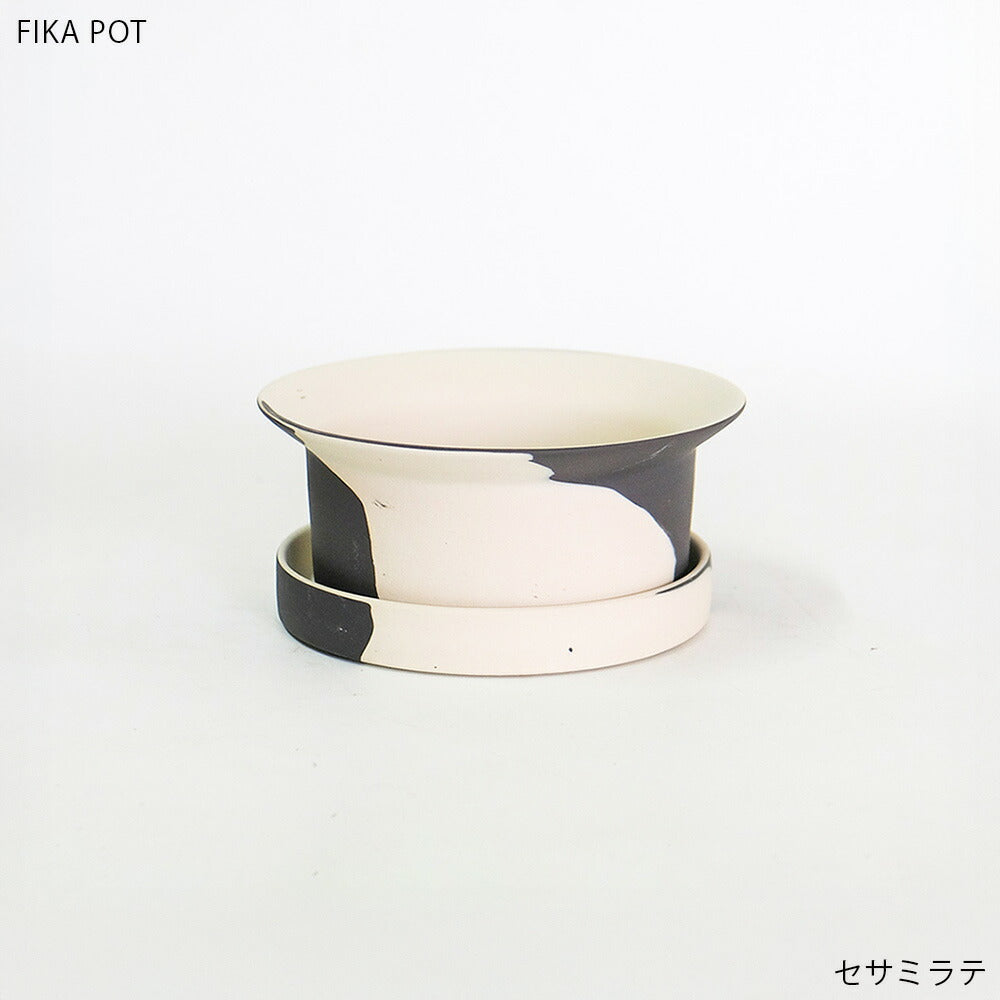 FIKA POT フィーカポット 浅鉢 植木鉢 受皿付  寄せ植え 多肉種 盆栽 シンプル  マーブル 陶器鉢 径15.5cm 高6.5cm 底穴あり