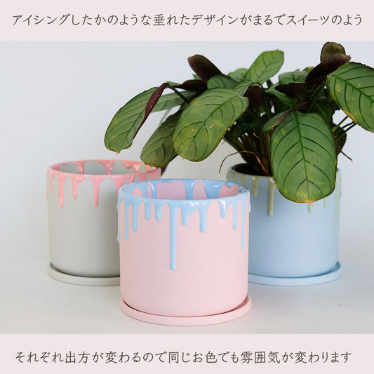 植木鉢 陶器 おしゃれ ドリーナ11 受皿付き 3号 径11cm 高10cm 底穴あり FARM 観葉植物 パステルカラー アイシング 液垂れ スイーツ