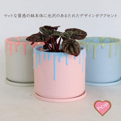 植木鉢 陶器 おしゃれ ドリーナ11 受皿付き 3号 径11cm 高10cm 底穴あり FARM 観葉植物 パステルカラー アイシング 液垂れ スイーツ