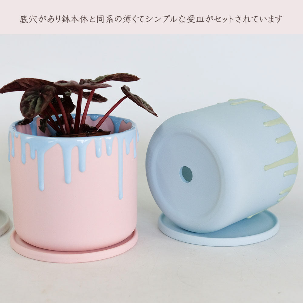 植木鉢 陶器 おしゃれ ドリーナ11 受皿付き 3号 径11cm 高10cm 底穴あり FARM 観葉植物 パステルカラー アイシング 液垂れ スイーツ