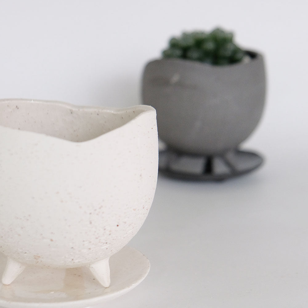 植木鉢 おしゃれ 陶器鉢 イオニアボウル 受皿付 ポット セラミック 径10.5cm 高9cm 3号 変わり鉢 白鉢 黒鉢 底穴あり