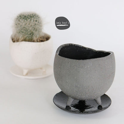 植木鉢 おしゃれ 陶器鉢 イオニアボウル 受皿付 ポット セラミック 径10.5cm 高9cm 3号 変わり鉢 白鉢 黒鉢 底穴あり