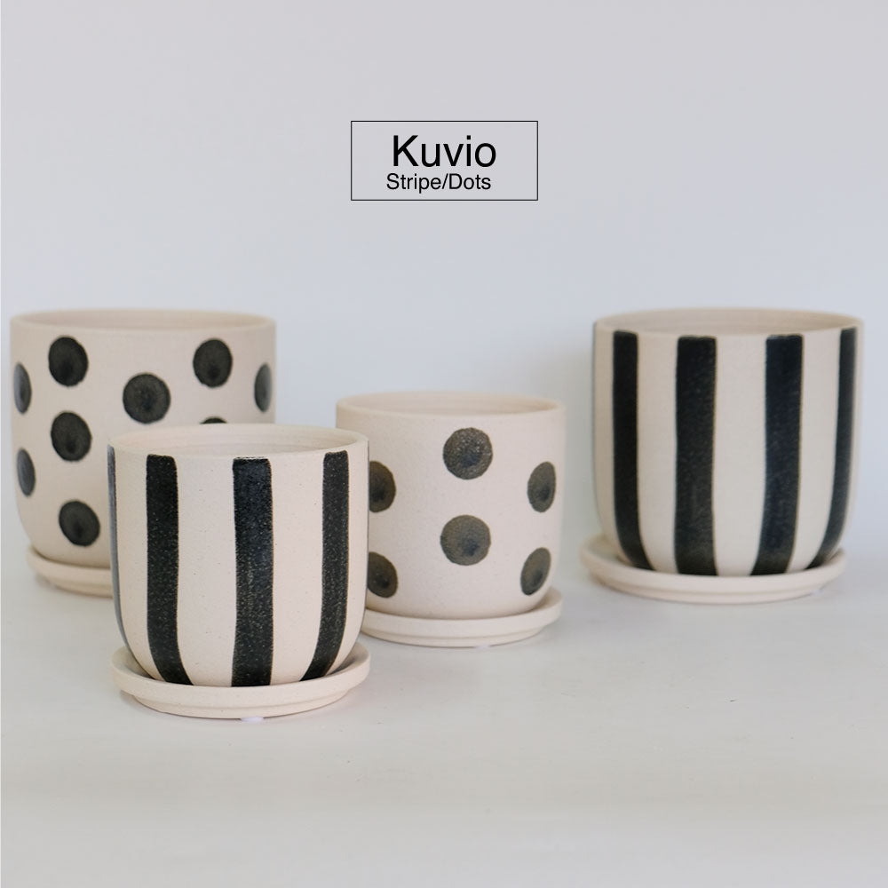 植木鉢 おしゃれ Kuvio Stripe/Dots 陶器鉢 かわいい 受皿付 トロンコ tronco ホワイト ブラック