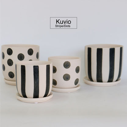 植木鉢 おしゃれ Kuvio Stripe/Dots 陶器鉢 かわいい 受皿付 トロンコ tronco ホワイト ブラック
