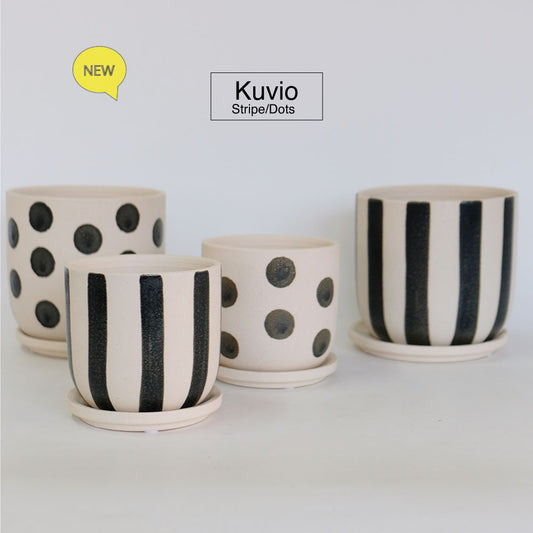 植木鉢 おしゃれ Kuvio Stripe/Dots 陶器鉢 かわいい 受皿付 トロンコ tronco ホワイト ブラック