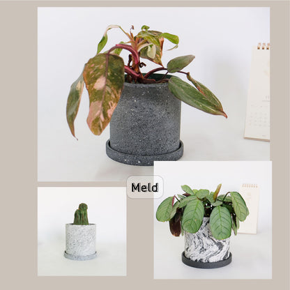 植木鉢 おしゃれ Meld 受皿付き 底穴有り 人口石材 シンプル シリンダー モノトーン シック 径10-13cm 高10-13cm S/Mサイズ  tronco