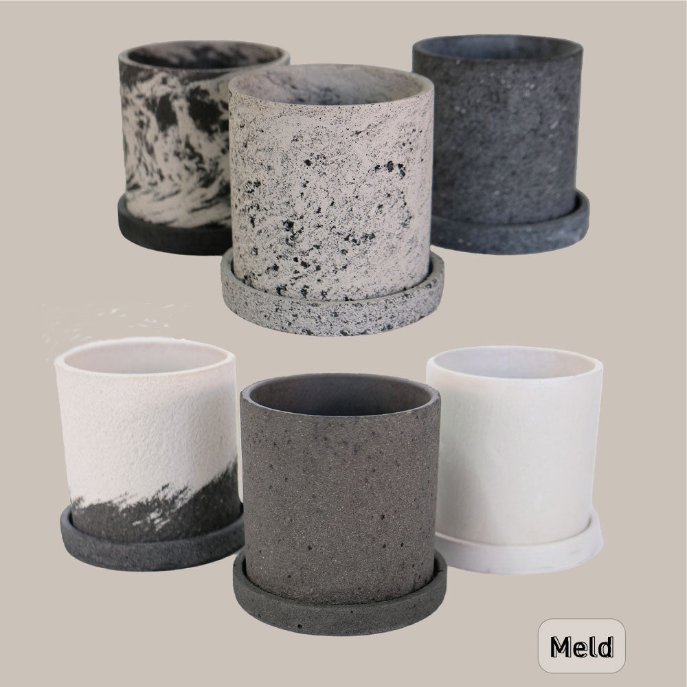 植木鉢 おしゃれ Meld 受皿付き 底穴有り 人口石材 シンプル シリンダー モノトーン シック 径10-13cm 高10-13cm S/Mサイズ  tronco