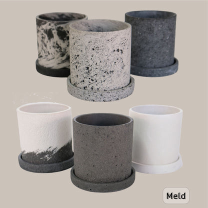 植木鉢 おしゃれ Meld 受皿付き 底穴有り 人口石材 シンプル シリンダー モノトーン シック 径10-13cm 高10-13cm S/Mサイズ  tronco