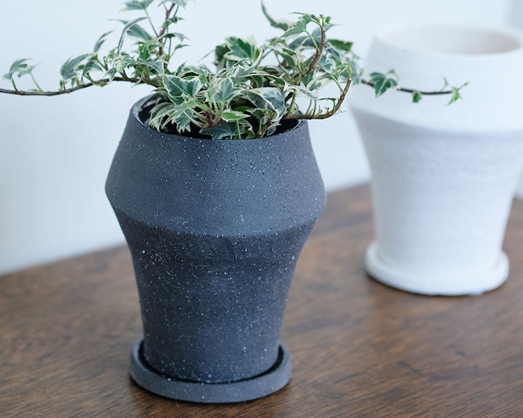 植木鉢 陶器 おしゃれ イオニアドラムハイ10 受皿付 シンプル セラミック 陶器鉢 ホワイト グレイ 鉢径10cm  高11.5cm 底穴あり