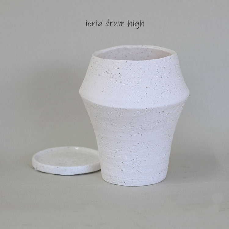 植木鉢 陶器 おしゃれ イオニアドラムハイ10 受皿付 シンプル セラミック 陶器鉢 ホワイト グレイ 鉢径10cm  高11.5cm 底穴あり