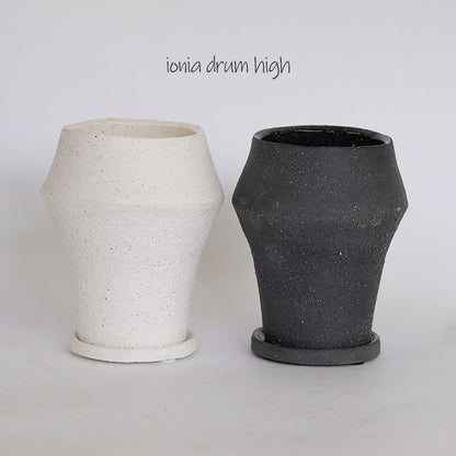 植木鉢 陶器 おしゃれ イオニアドラムハイ10 受皿付 シンプル セラミック 陶器鉢 ホワイト グレイ 鉢径10cm  高11.5cm 底穴あり