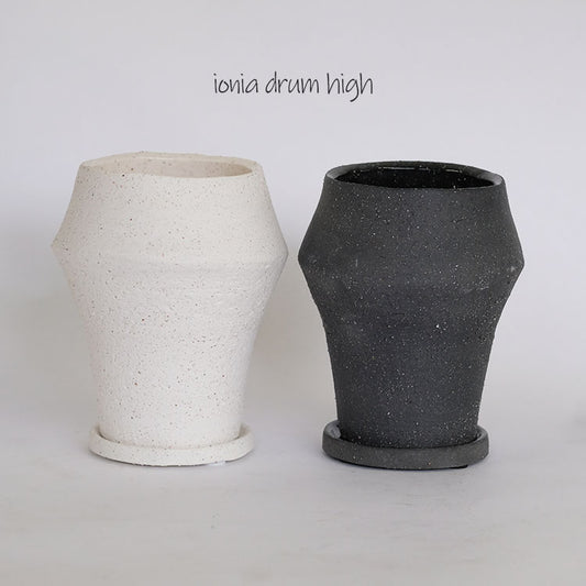 植木鉢 陶器 おしゃれ イオニアドラムハイ10 受皿付 シンプル セラミック 陶器鉢 ホワイト グレイ 鉢径10cm  高11.5cm 底穴あり