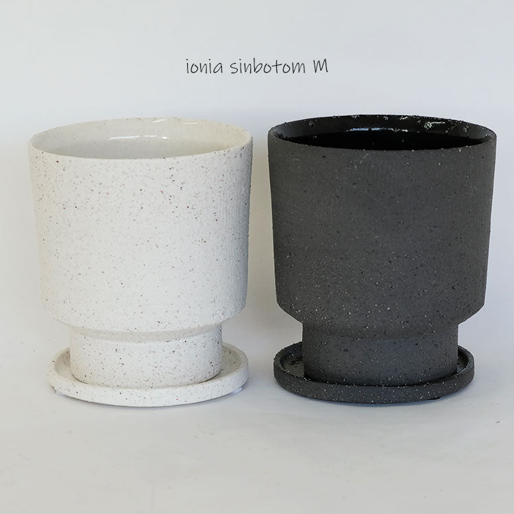 植木鉢 おしゃれ 陶器鉢  イオニアシンボトムM  受皿付 かわいい 鉢径12cm 高13cm ホワイト グレー 底穴あり