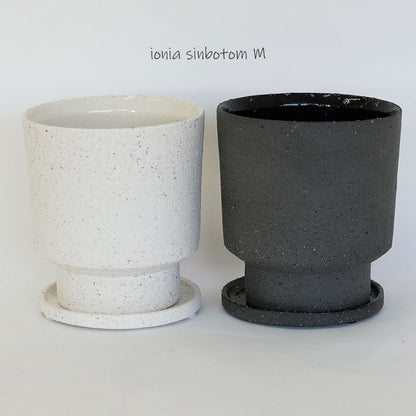 植木鉢 おしゃれ 陶器鉢  イオニアシンボトムM  受皿付 かわいい 鉢径12cm 高13cm ホワイト グレー 底穴あり