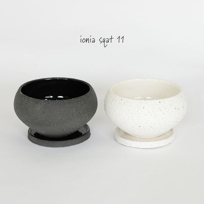 おしゃれ 陶器鉢 イオニアスクワットM 受皿付 ポット セラミック 釉薬 径11.5cm 高6.5cm 底穴あり