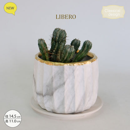 植木鉢 かわいい リベロL 受皿付 陶器鉢径14.5cm 高11cm 大理石調 ゴールド 高級感 クラシカル