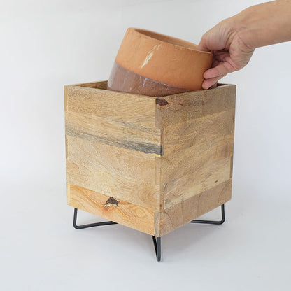 おしゃれ 植木鉢 cube stand pot combi Ｌ鉢カバー幅22/22cm 高27cm 木製 アイアン