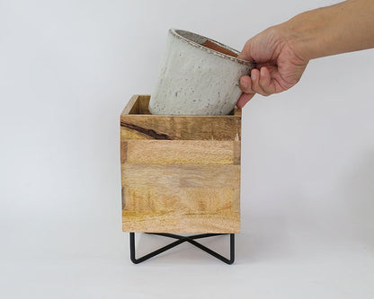 cube stand pot combi おしゃれ 鉢カバー 幅17/17cm 高23cm 木製 アイアン ポットスタンド