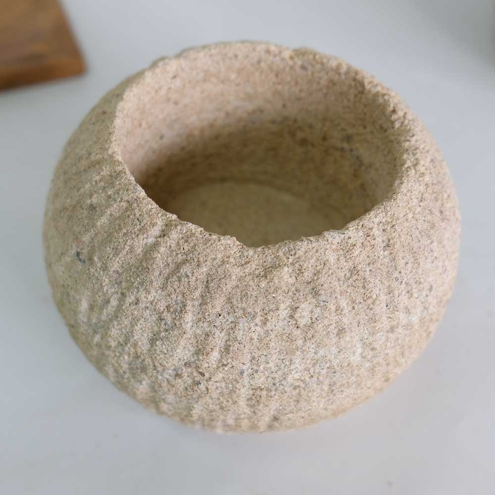 ストーンポット チーク材の受け皿付 stem サボテン 多肉 植木鉢 自然石