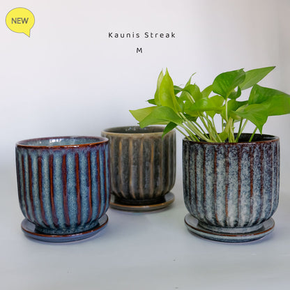 陶器鉢 Kaunis Streak 受皿付  【S/M】 受皿付セラミック鉢 底穴あり 径15.5cm 高14.5cm 径12.5cm 高11.5cm  tronco