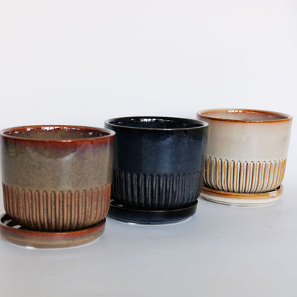植木鉢 おしゃれ STREAK POT & SAUCER 12cm 4号 陶器鉢 受皿付 シック 光沢あり YARD 釉薬鉢 径12cm 高10cm 底穴あり セラミックポット
