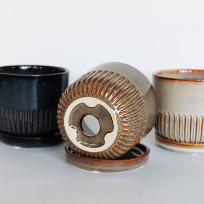 植木鉢 おしゃれ STREAK POT & SAUCER 12cm 4号 陶器鉢 受皿付 シック 光沢あり YARD 釉薬鉢 径12cm 高10cm 底穴あり セラミックポット