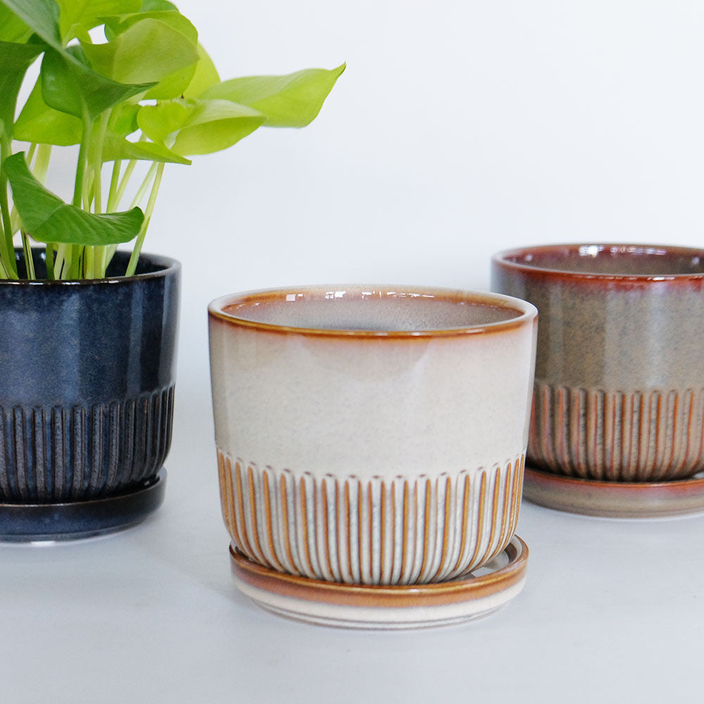植木鉢 おしゃれ STREAK POT & SAUCER 12cm 4号 陶器鉢 受皿付 シック 光沢あり YARD 釉薬鉢 径12cm 高10cm 底穴あり セラミックポット