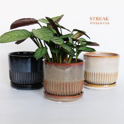 植木鉢 おしゃれ STREAK POT & SAUCER 12cm 4号 陶器鉢 受皿付 シック 光沢あり YARD 釉薬鉢 径12cm 高10cm 底穴あり セラミックポット