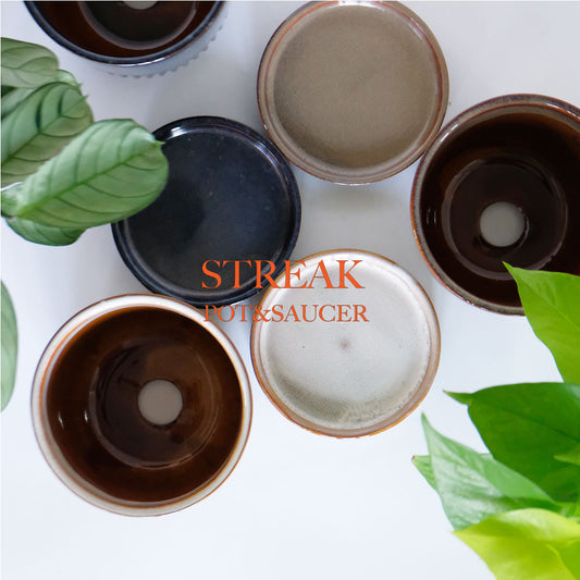 植木鉢 おしゃれ STREAK POT & SAUCER 12cm 4号 陶器鉢 受皿付 シック 光沢あり YARD 釉薬鉢 径12cm 高10cm 底穴あり セラミックポット