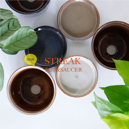 植木鉢 おしゃれ STREAK POT & SAUCER 12cm 4号 陶器鉢 受皿付 シック 光沢あり YARD 釉薬鉢 径12cm 高10cm 底穴あり セラミックポット