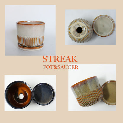 植木鉢 おしゃれ STREAK POT & SAUCER 12cm 4号 陶器鉢 受皿付 シック 光沢あり YARD 釉薬鉢 径12cm 高10cm 底穴あり セラミックポット